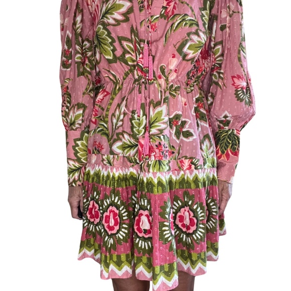 Farm Rio Aura Peasant Dress Women's Pink Floral Cotton Beaded Tassels Boho (S) - Picture 13 of 16